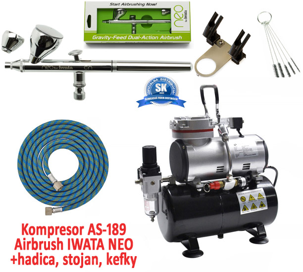 Airbrush set:Kompresor AS-189 a pistole Iwata NEO HP-CN+hadice+stojan+kartáčky