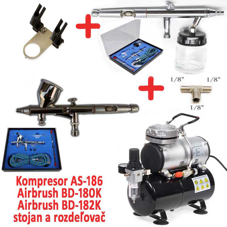 Airbrush set: Kompresor AS-186 a pistole BD-180K + pistole BD-182K