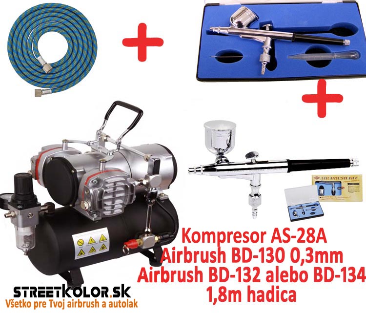 Airbrush set: 2x airbrush pistole a airbrush kompresor AS-28A + 1x hadice
