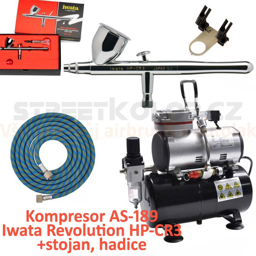 Airbrush set:Kompresor AS-189 a pistole Iwata Revolution HP-CR3 +hadice +stojan