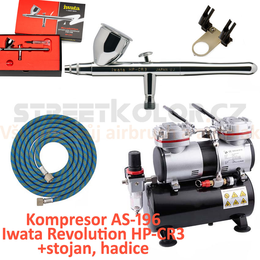 Airbrush set:Kompresor AS-196 a pistole Iwata Revolution HP-CR3 +hadice +stojan