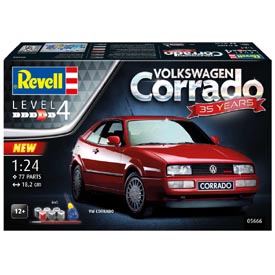 Revell 05666 VW Corrado "35 YEARS" Gift Set plastikový model auta 1:24, 77 dílů + barvy + lepidlo + štětec