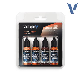Vallejo 77.253 sada airbrush barev True Metallic, Odstín Ancient Copper, 4x18ml