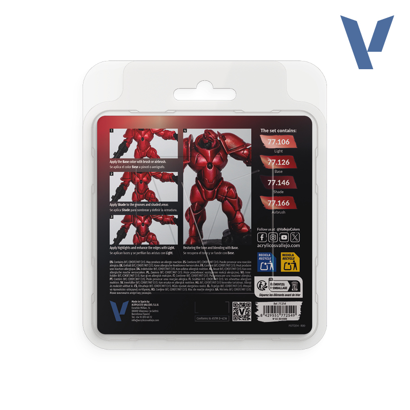 Vallejo 77.254 sada airbrush barev True Metallic, Odstín Ruby Red, 4x18ml