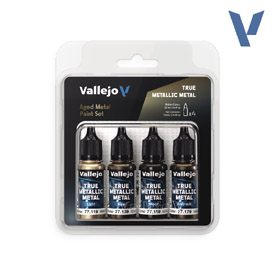 Vallejo 77.258 sada airbrush barev True Metallic, Odstín Aged Metal, 4x18ml