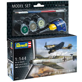 Revell Messerschmitt Bf109E & Junkers Ju87B Stuka Model Set 1:144 (39 dílů) + barvy, lepidlo, štětec