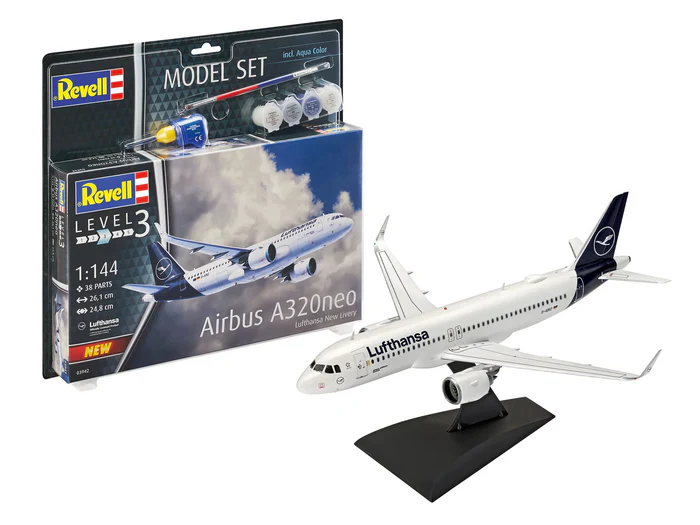Revell 63942 Airbus A320neo Lufthansa New Livery Model Set + barvy + štětec + lepidlo 1:144, 38 dílů