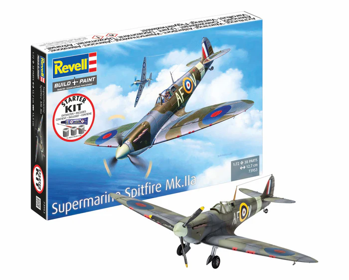 Revell 73953 Spitfire Mk.IIa Model Starter Set plastikový model letadla 1:72, 38 dílů + barvy + lepidlo + štětec