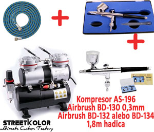 Airbrush set: 2x airbrush pistole a airbrush kompresor AS-196 + 1x hadice