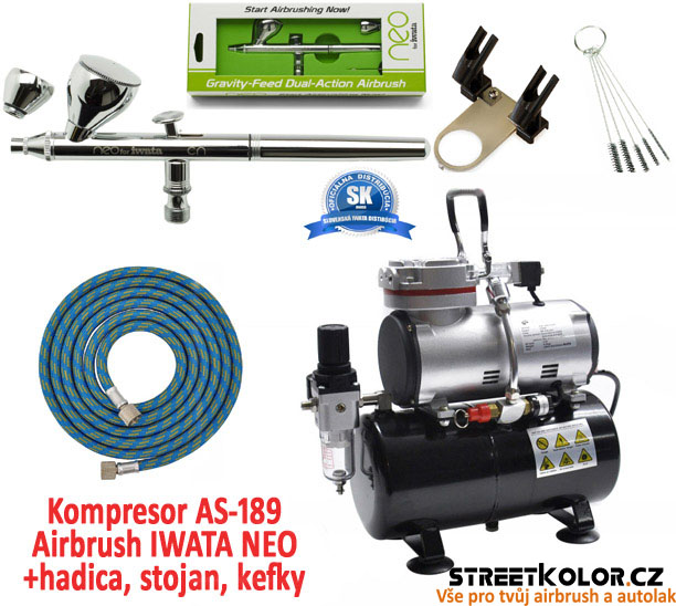 Airbrush set: Kompresor AS-186 a pistoli Iwata NEO HP-CN+hadice+stojan+kartáčky