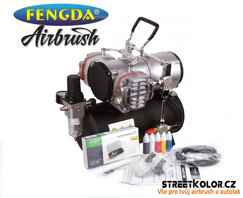 Airbrush set Fengda: Kompresor AS-28A a pistole FE-130+hadice+kartáčky+barvy