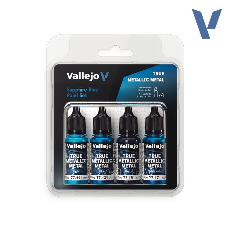 Vallejo 77.256 sada airbrush barev True Metallic, Odstín Sapphire Blue, 4x18ml